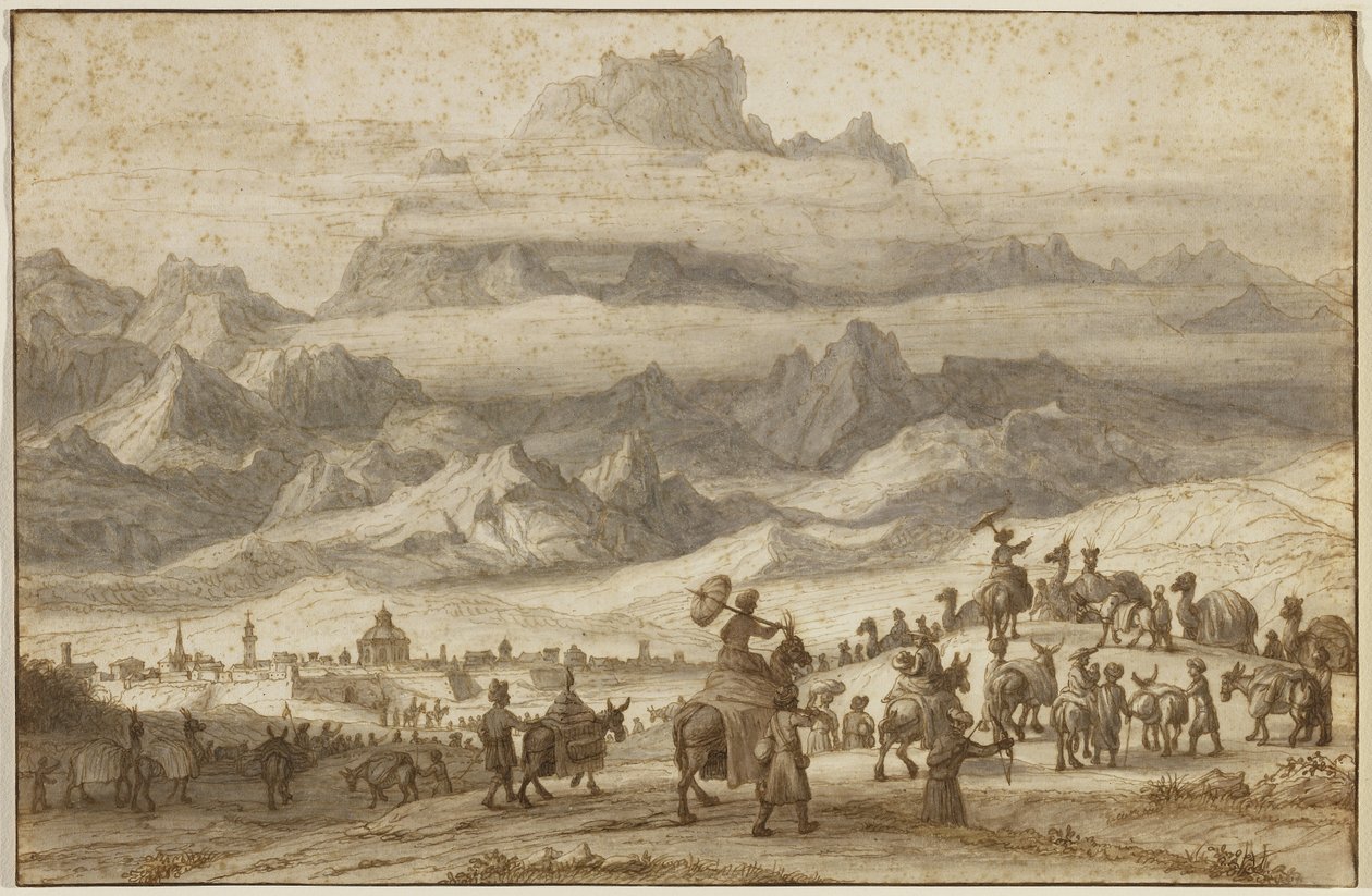 Noemova archa na hoře Ararat, velbloudí vlak mimo město Jerevan v popředí, kolem roku 1690 (pero a hnědý inkoust s hnědými, šedými a žlutými barvami na položený papír) od Lambert Doomer