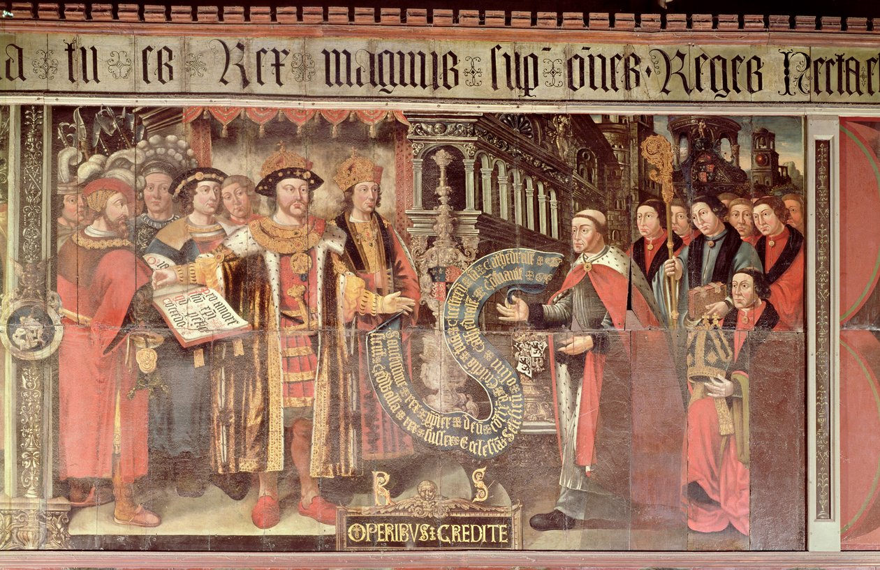 Biskup Robert Sherburne s Jindřichem VIII. (1491-1547) c.1508-36 (nástěnná malba) od Lambert Barnard