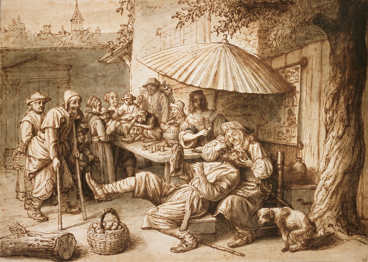 Zubař šarlatán extrahující selský zub, konec 17. století od Lambert Doomer