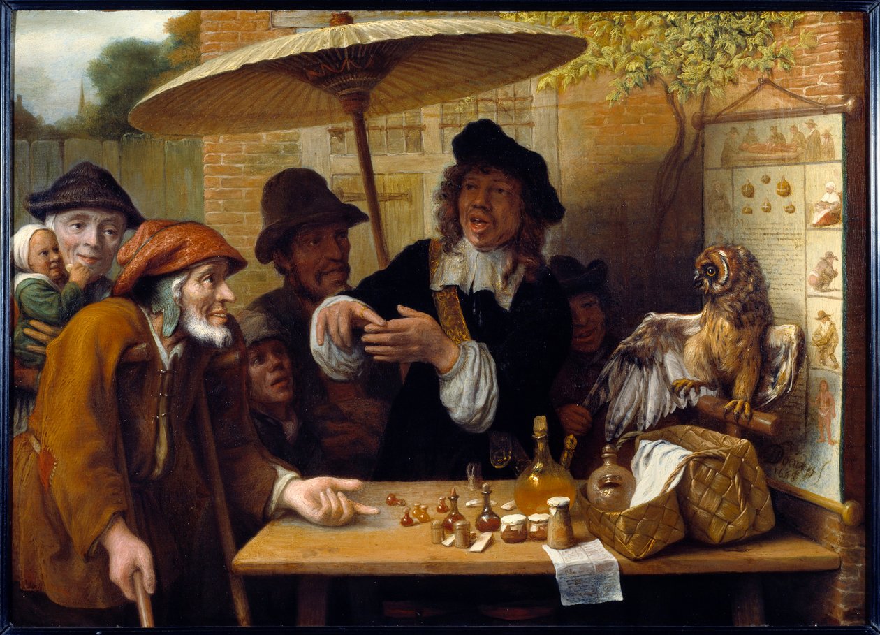 Šarlatán. Cestovatel debatuje o odměnách za prodej drog na veřejném náměstí. Obraz Lamberta Doomera (1623-1700) od Lambert Doomer