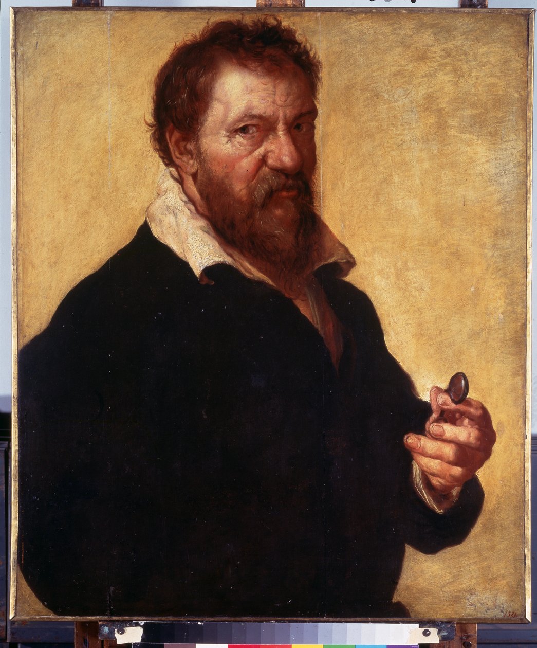 Autoportrét (Autoportrét). Portrét umělce, který v ruce držel brýle. Obraz Lamberta Lombarda (1505-1566) od Lambert Lombard