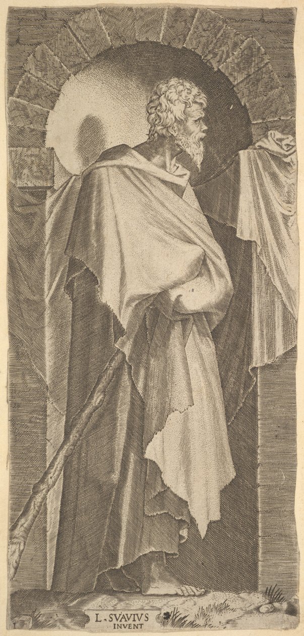 Jakub Menší v obloukovitém výklenku, v rukou drží hůl, které jsou c..., 1545. od Lambert Suavius