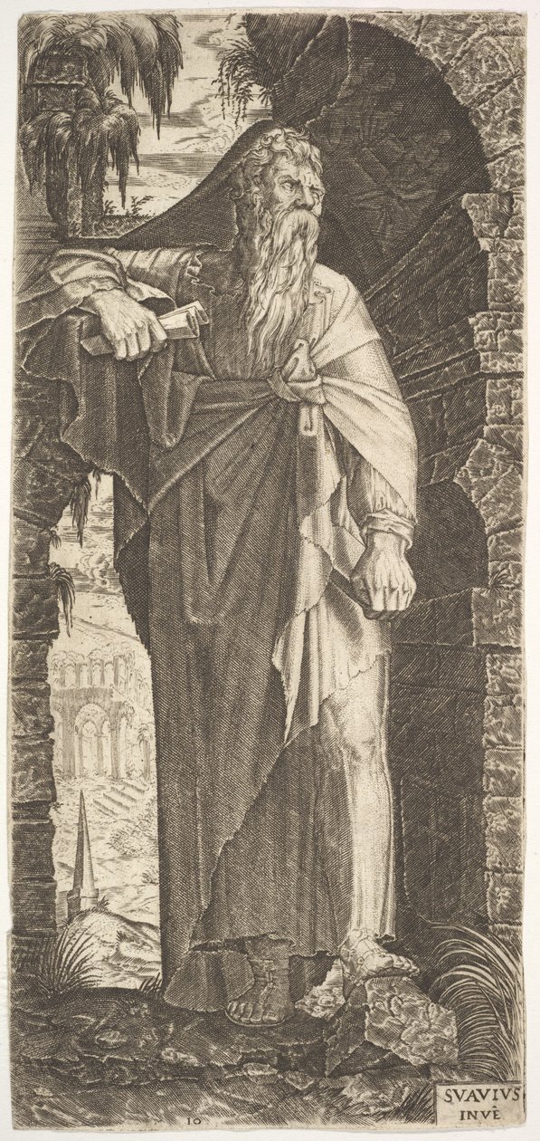 Svatý Pavel stojící pod zarostlým obloukem, levá noha opřená o skálu, pravá ruka..., 1545. od Lambert Suavius