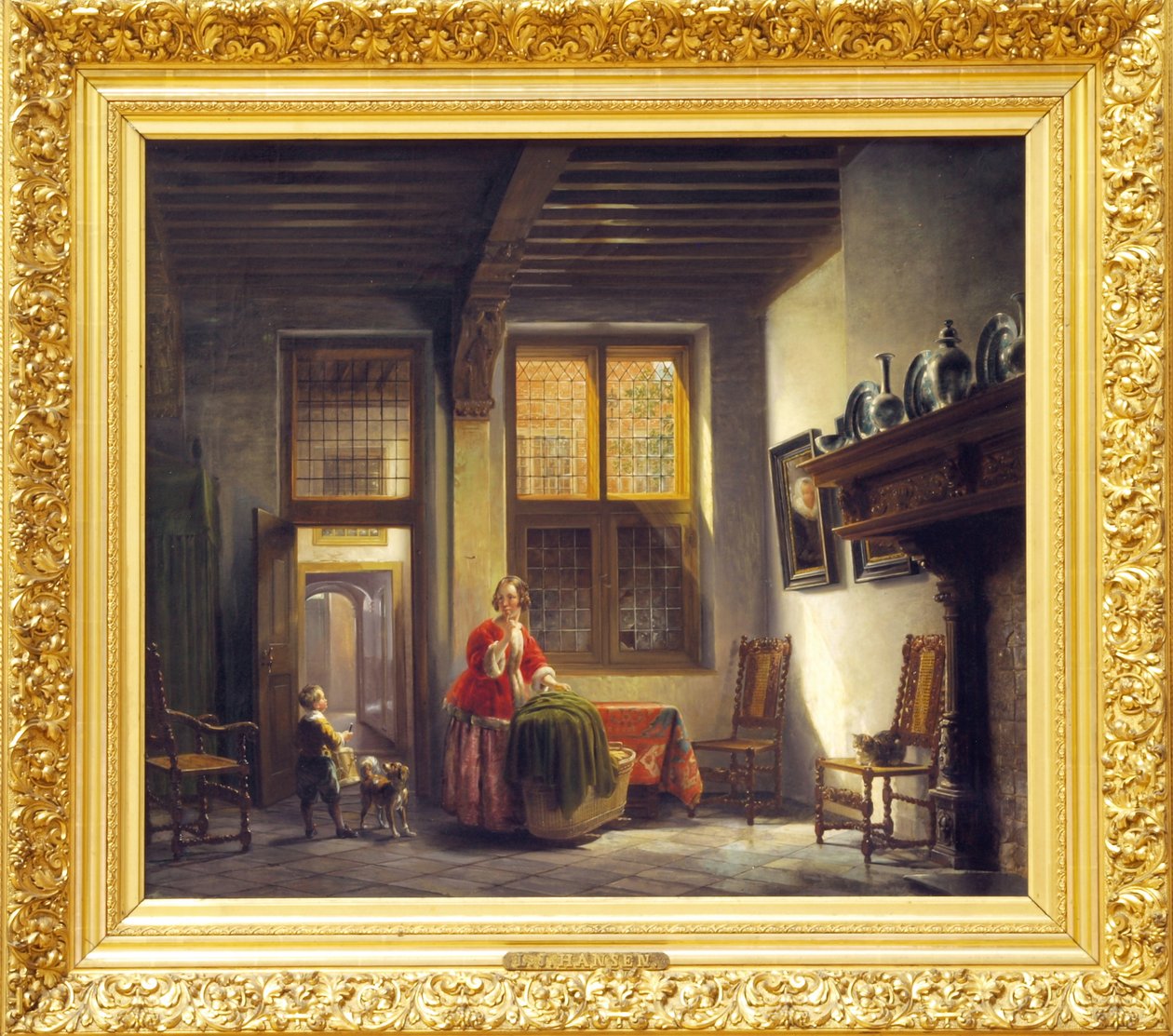 První jméno Interiér s ženou a dítětem na schodišti od Lambertus Johannes Hansen