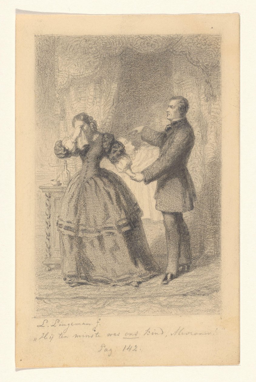Pár u smrtelné postele jejich dítěte Alespoň to bylo naše dítě, madam! (název na objektu) od Lambertus Lingeman (signed by artist)
