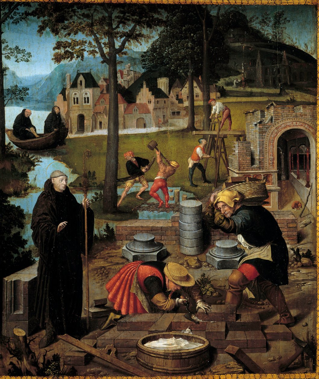 Legenda o svatém Bertinovi: Abbe Saint Bertin ze Sithiu (610-709) řídí stavbu kláštera Sithiu v Saint Omer. Detail panelu připisovaného Lancelotovi Blondeelovi (1495-1561) z pokladu svatého Bertina. Muzeum výtvarných umění, Dijon od Lancelot Blondeel
