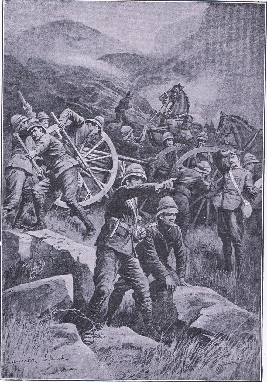 Na svahu se převrátila zbraň, z After Pretoria: The Guerilla War vydané nakladatelstvím Harmsworth Bros Limited, 1901 od Lancelot Speed