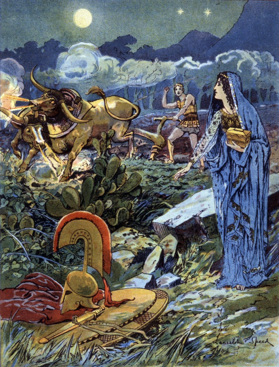 Jason, kterému pomáhala Medea orat pole Marsu, c. 1900 (ilustrace) od Lancelot Speed