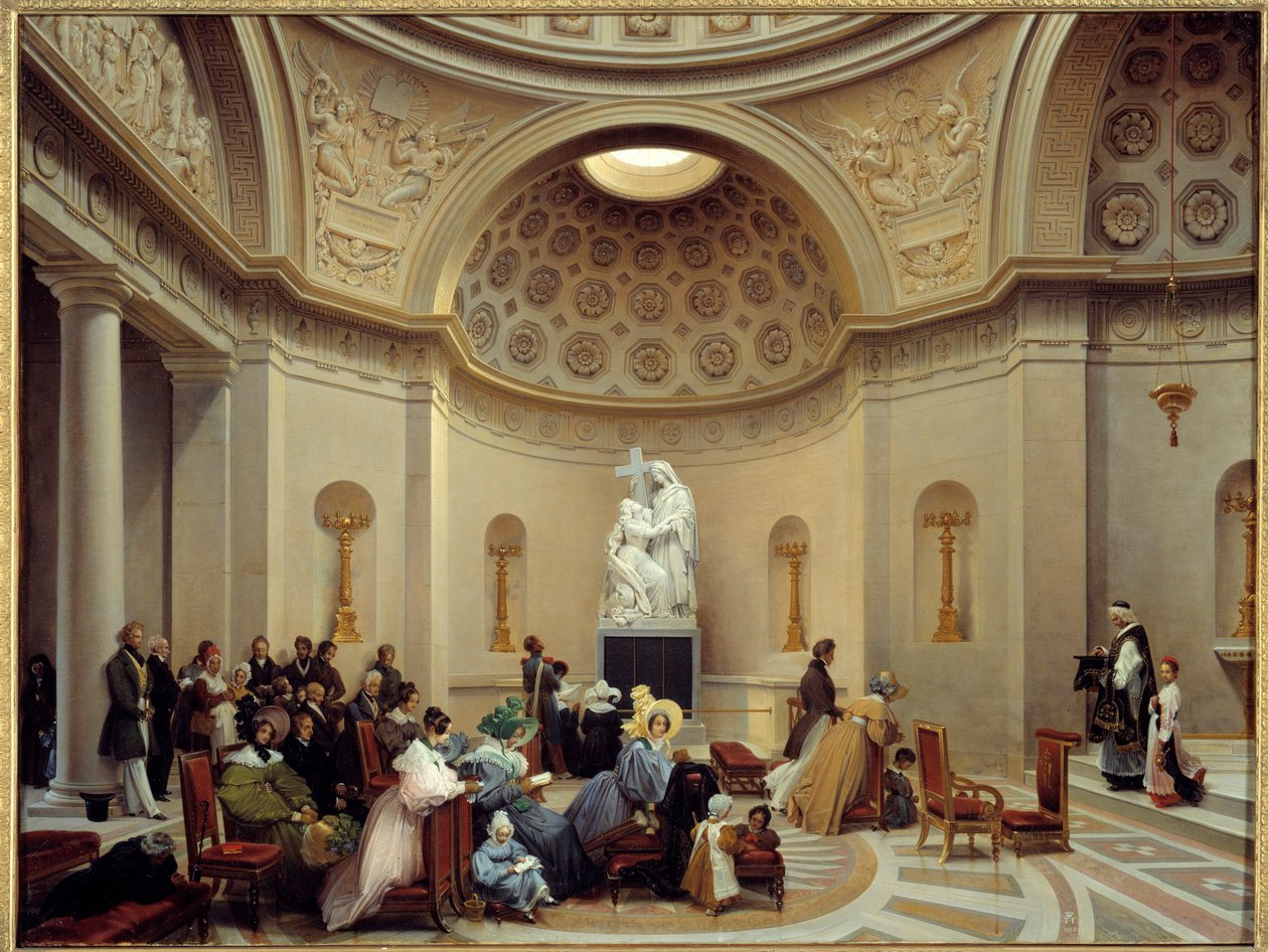 Obřad v expiační kapli v roce 1835 (pařížská kaple na adrese 29, rue Pasquier v 8. obvodu). Obraz Theodora Turpina De Crisse (1782-1859) od Lancelot Théodore Turpin de Crissé de Crissé