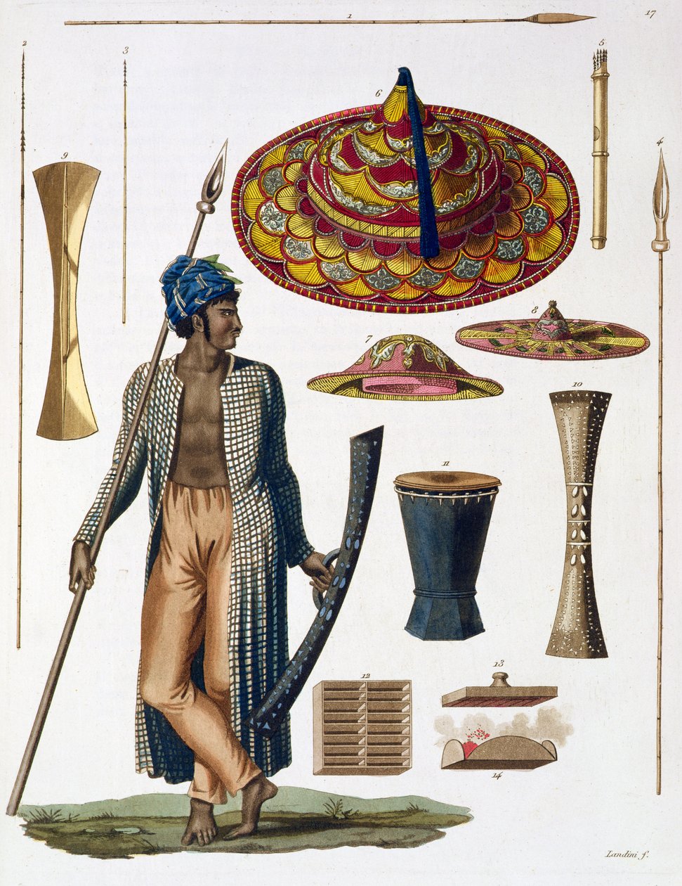 Válečník z ostrova Guebe s předměty domorodého oblečení, deska 17 z „Le Costume Ancien et Moderne“ od Julese Ferraria, vydáno kolem 20.–30. let 19. století od Landini