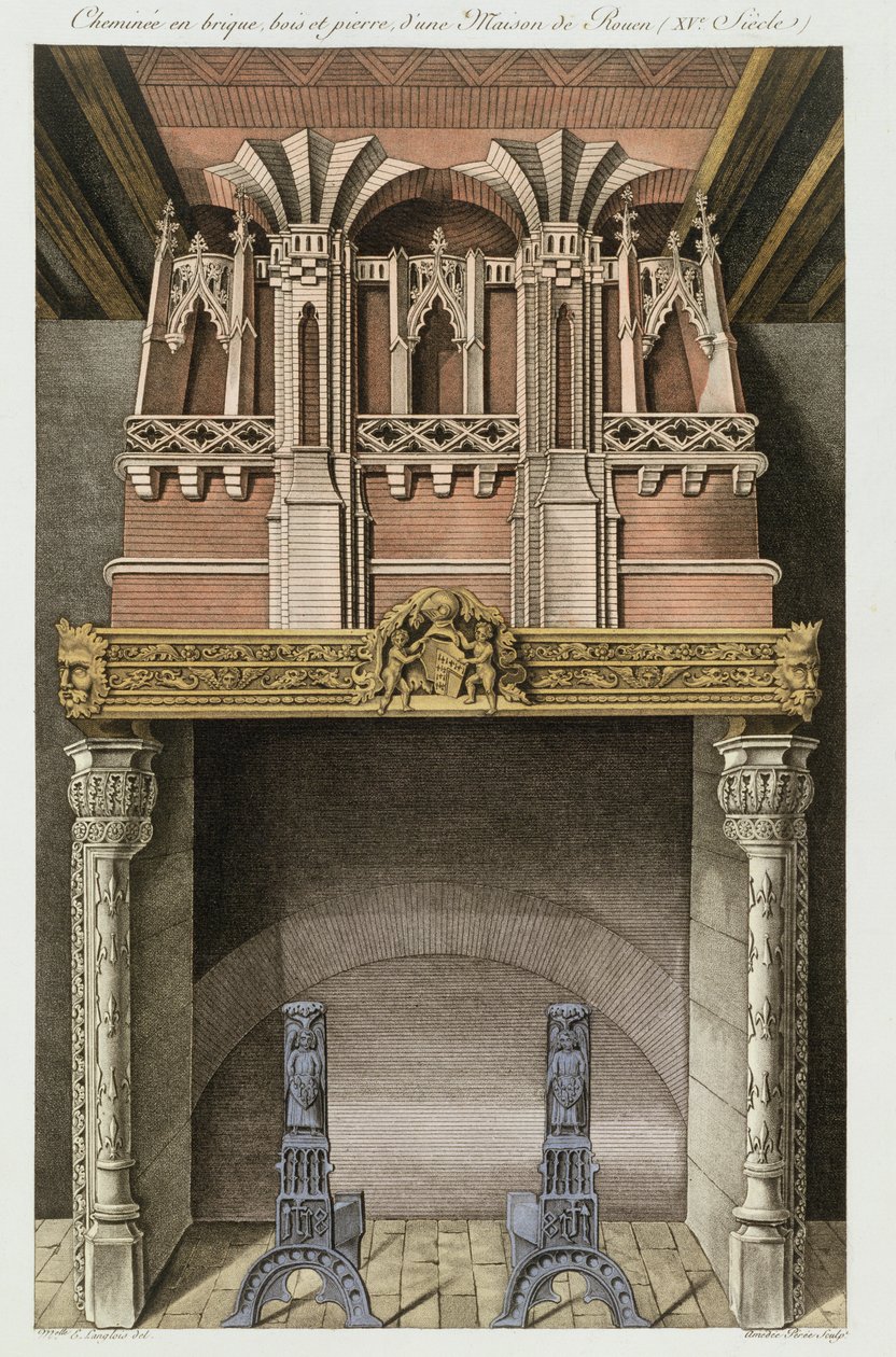 Komín z domu z 15. století v Rouen, z Monuments Francais, litografie Amedee Peree, 1839 od Langlois E.