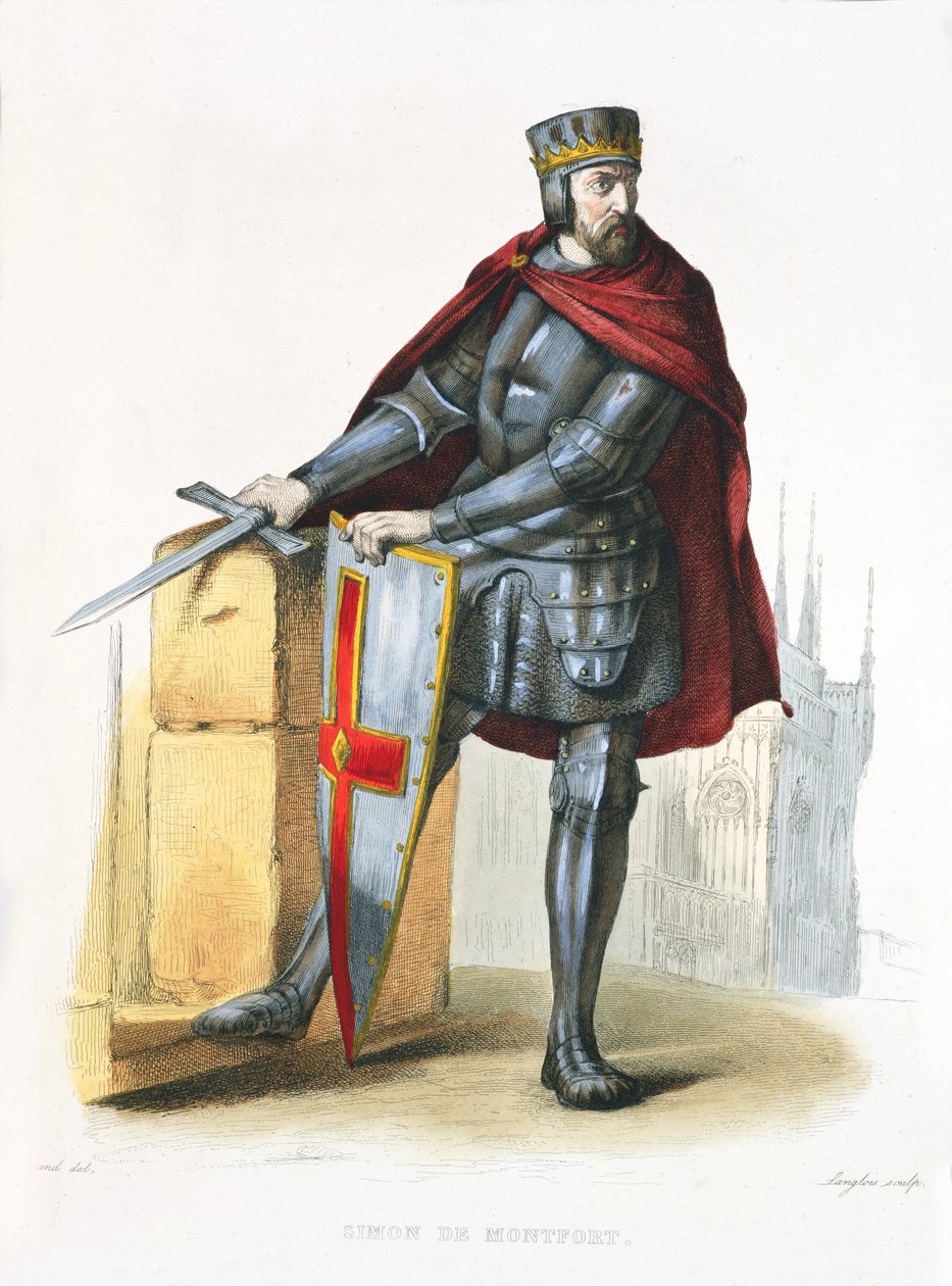 Simon de Montfort 1150-1218 ilustrace z Le Plutarque Francais od E. Mennecheta, 1835 kolorovaná rytina od Langlois E.