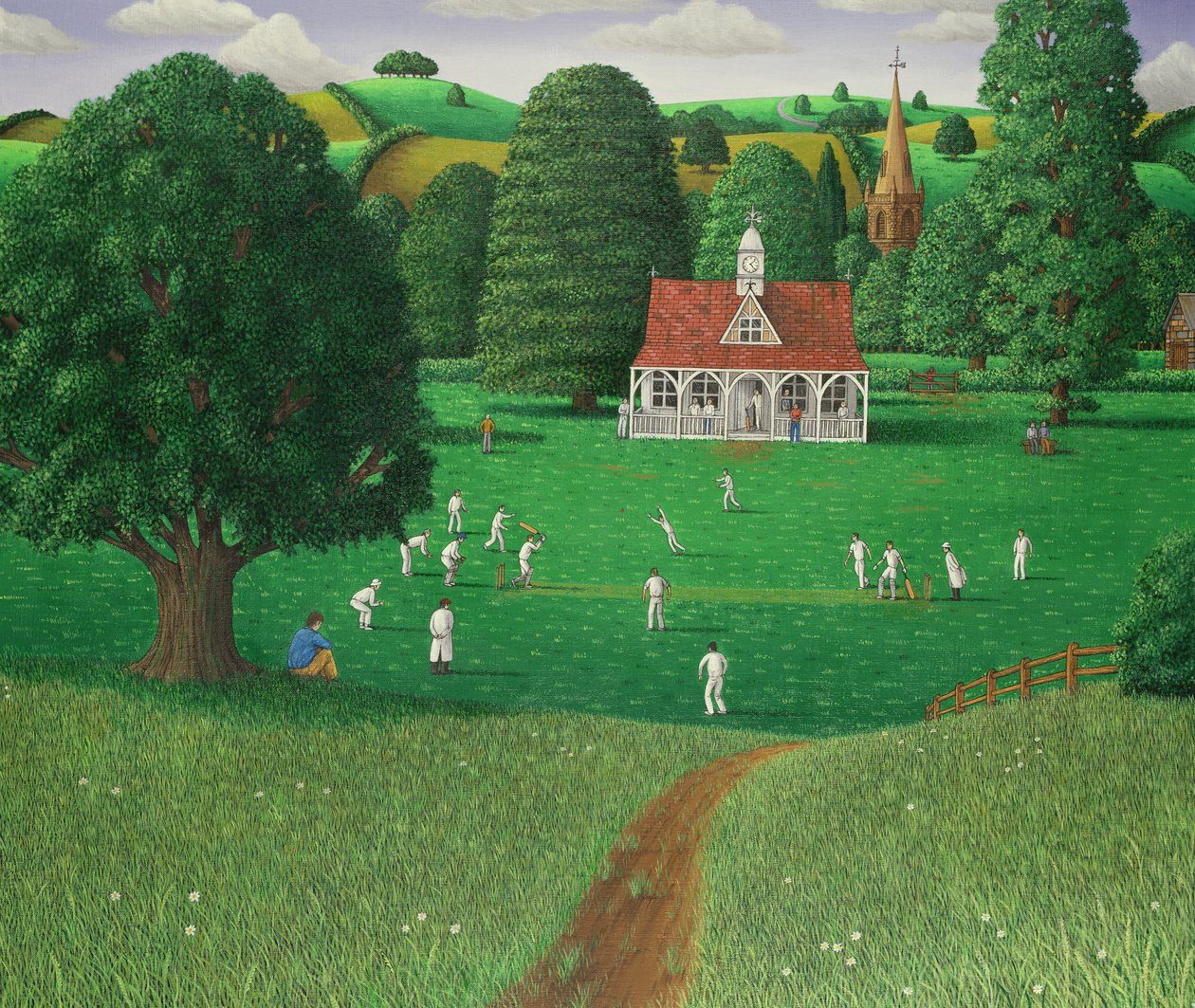 Kriketový zápas v St. Marys Grange, Wilts, 1986 (akryl na plátně) od Larry Smart