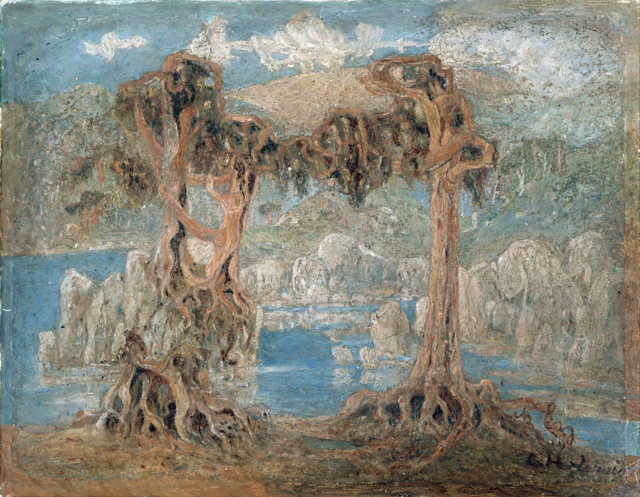 ""Krajina"" Vychrtlé stromy na mořském pobřeží, Norsko - Malba Larse Herterviga (1830-1902) 1902 Národní muzeum umění, Oslo Norsko od Lars Hertervig