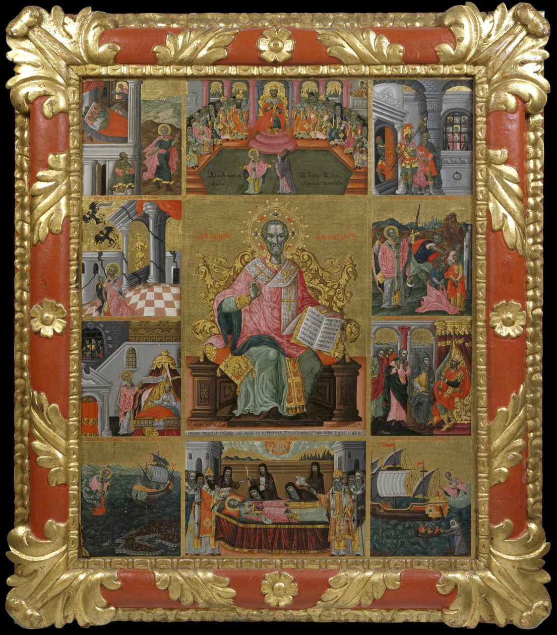 Ikona svatého Mikuláše s výjevy z jeho života a zázraků, 1733 (vaječná tempera a plátkové zlato na panelu) od Laskaris Leichoudis