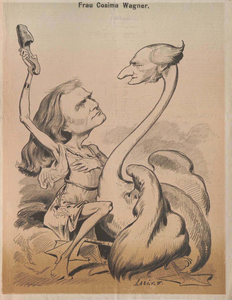 Richard Wagner jako Swan a Cosima Wagner jako Leda Cover of Die Bombe, 1875. od Laszlo Frecskay