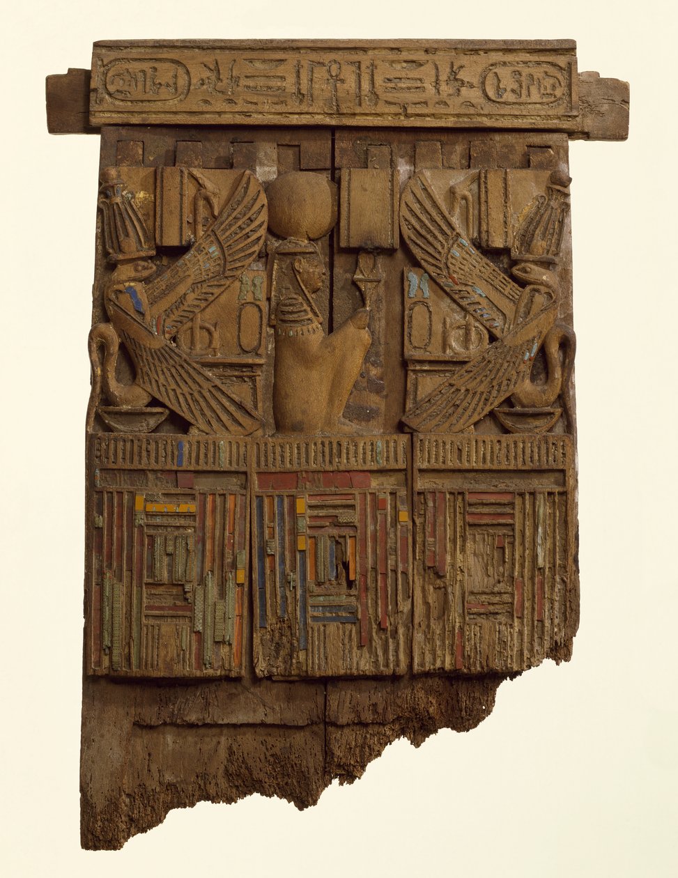 Panel, pravděpodobně ze zadní části židle, z Abúsíru (dřevo a sklo) od Late Period Egyptian