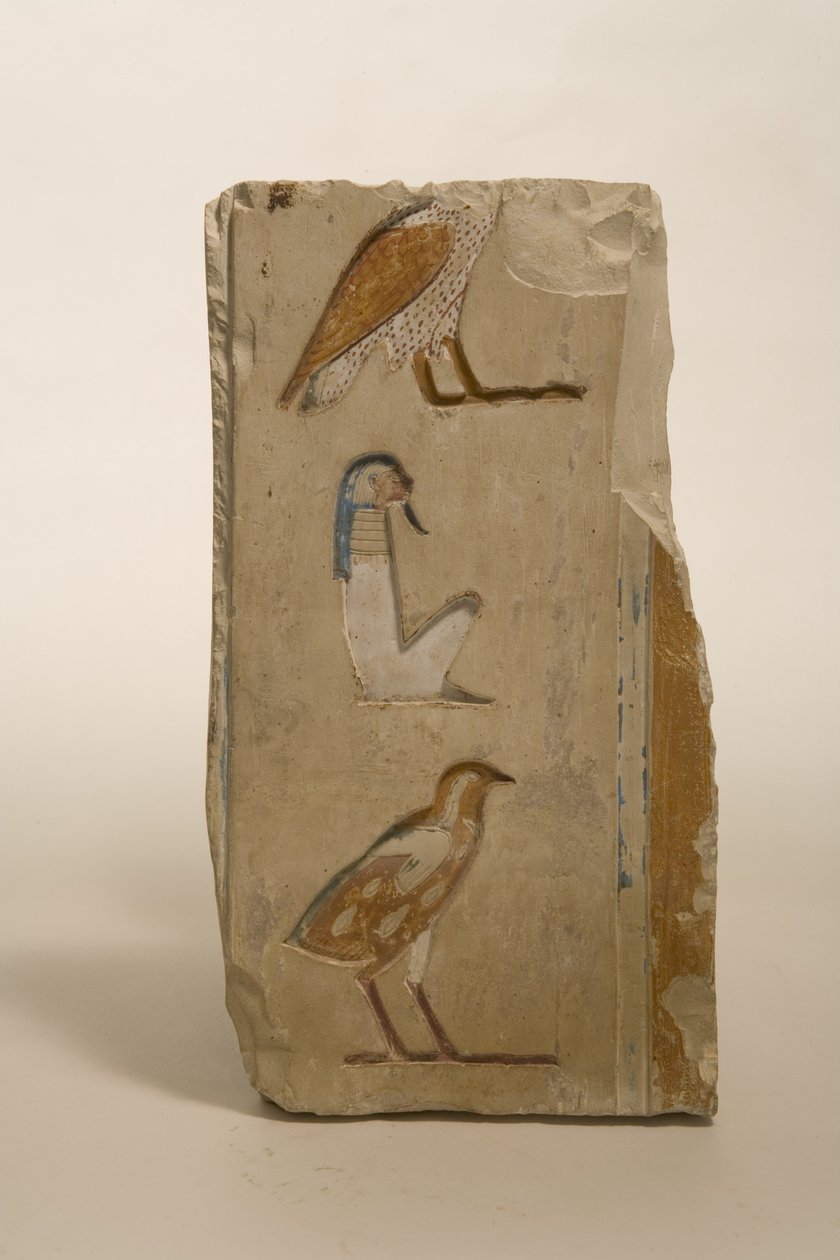 Reliéf s hieroglyfy, možná z Théb, cca 600 př. n. l. (malovaný vápenec) od Late Period Egyptian