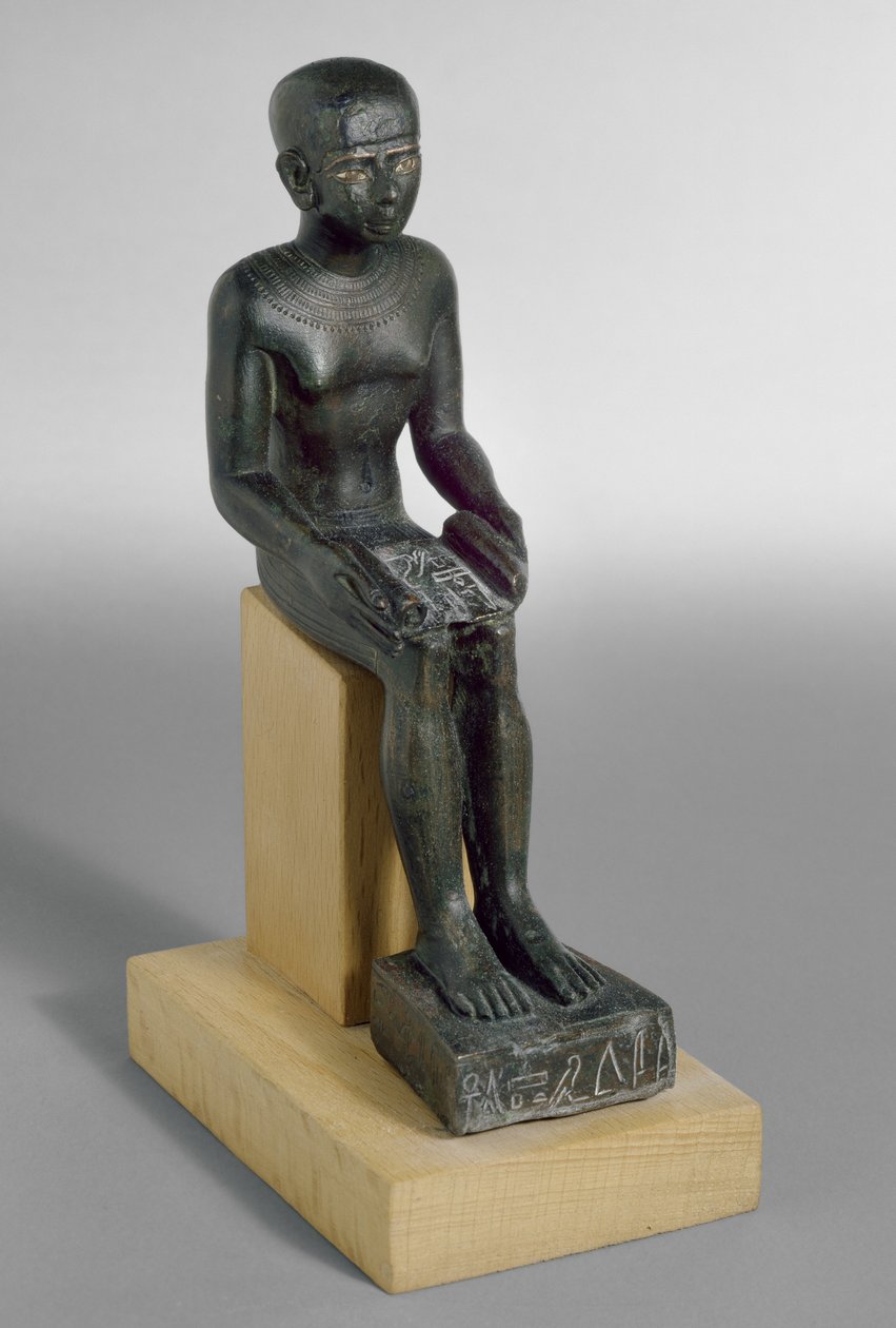 Soška boha Imhotepa, oči vykládané mědí a zlatem (bronz) od Late Period Egyptian
