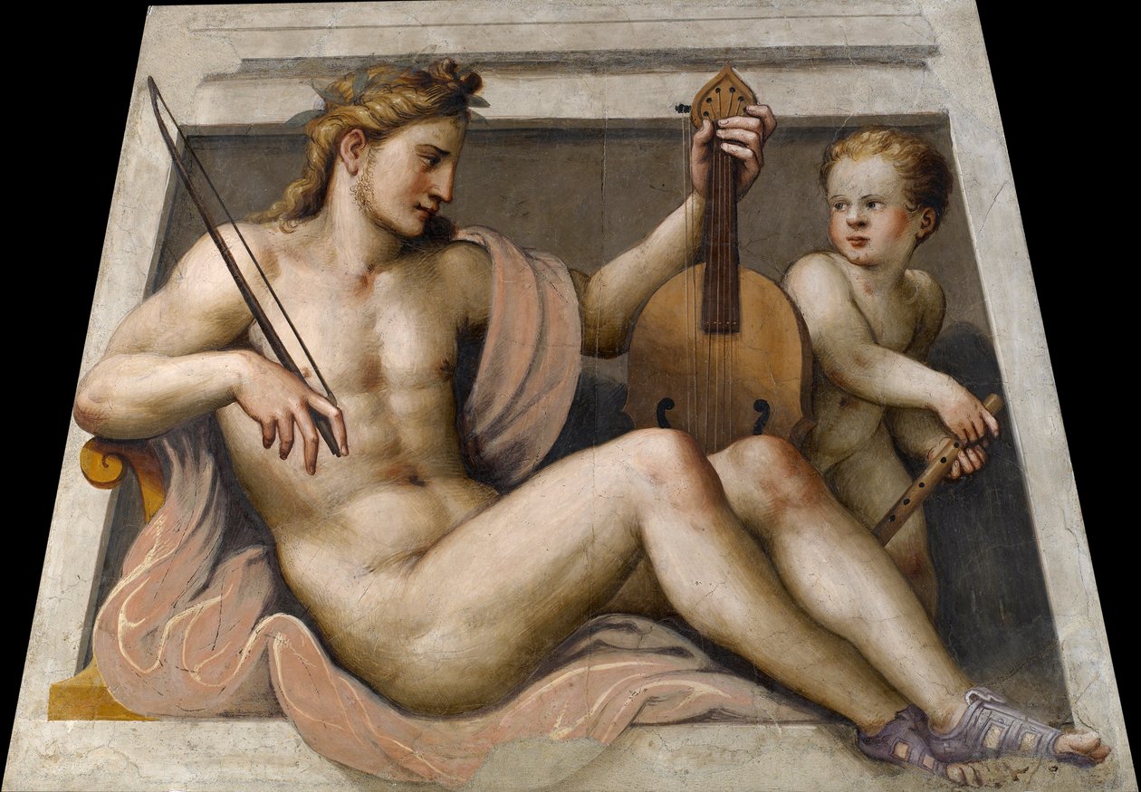 Apollo s amorem par Gambara, Lactantius (asi 1530-1574). Freska, rozměr: 155,5x109,, Galerie umění Tosio Martinengo, Brescia od Lattanzio Gambara