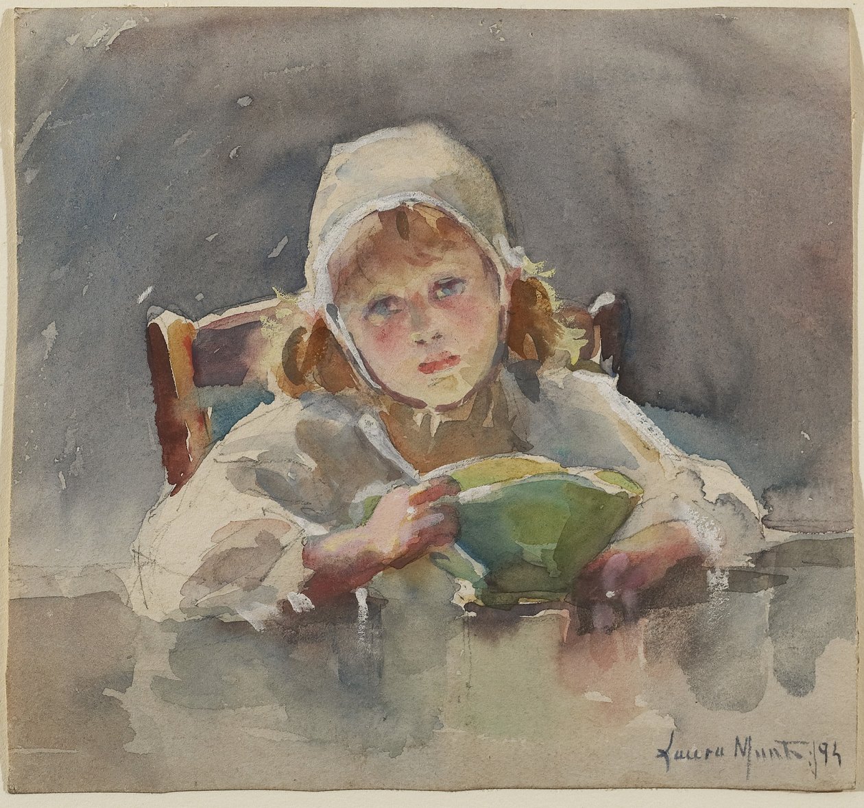 Dítě se zelenou mísou, 1895 (grafit, wc a kvaš na papíře) od Laura Muntz Lyall