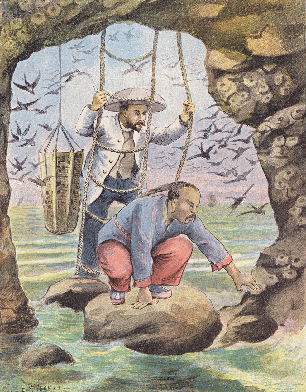 Sběr vlaštovčích hnízd na Sumatře (barevná litografie) od Laurence Louise Le Riverend
