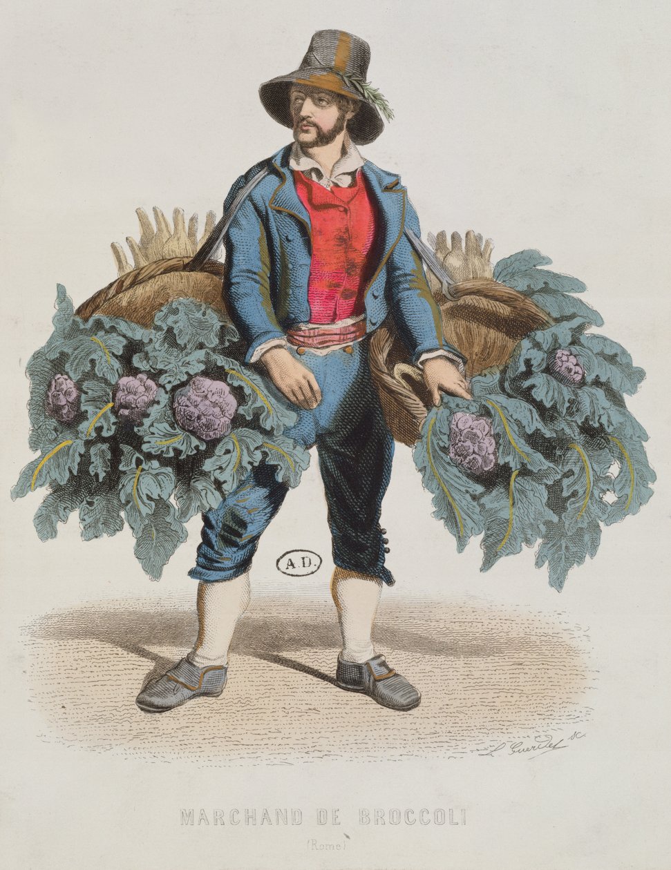 Prodejce brokolice v Římě, polovina 19. století (barevná rytina) od Laurent Francois Guerdet
