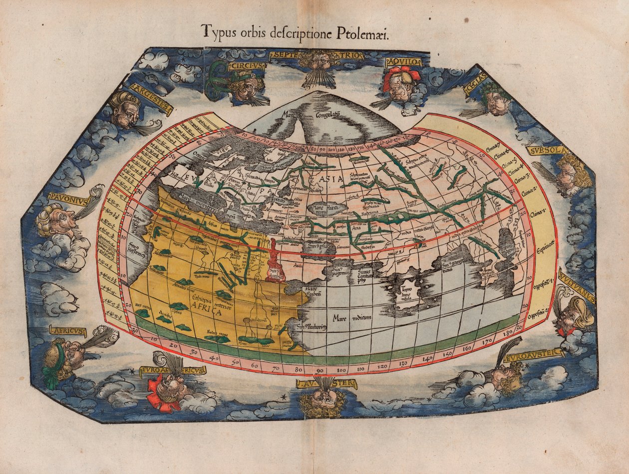 Mapa světa zapsaná Ptolemaiem (Typus Orbis Descriptione Ptolemaei) Laurentem Friesem z přetisku jeho knih z roku 1522 pro Ptolemaiovu geografii Gasparem Trechselem z roku 1541 od Laurent Fries