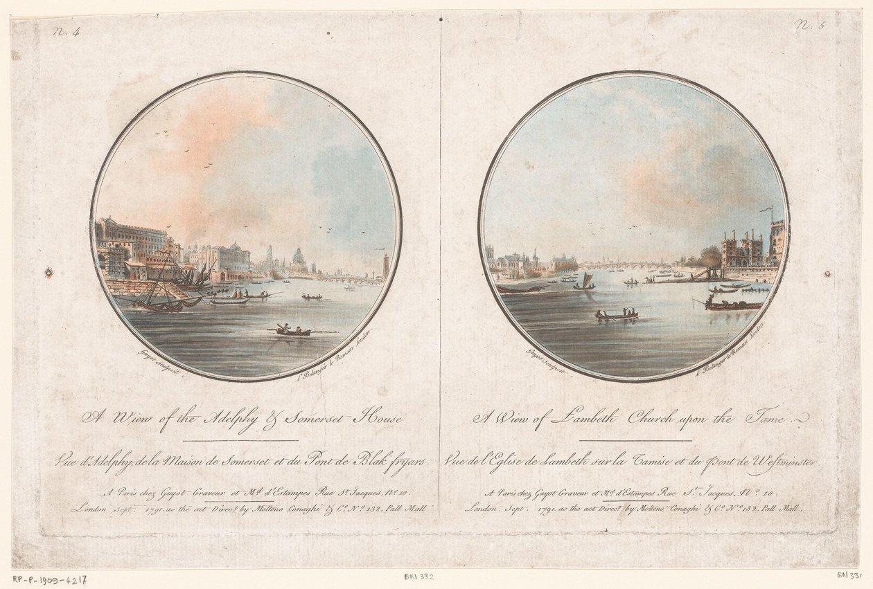 Pohled na Adelphi a Somerset House z Temže a pohled na Lambeth Church z Temže Pohled na Adelphy & Somerset House (titul na objektu) Pohled na Lambeth Church upon the Tames (název na objektu) Pohledy na Londýn (název série) od Laurent Guyot