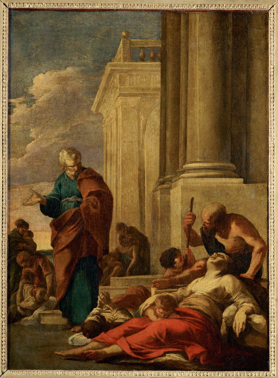 Saint Pierre guerissant les malades avec son ombre - Svatý Petr léčí nemocné svým stínem... od Laurent de (workshop of) La Hyre