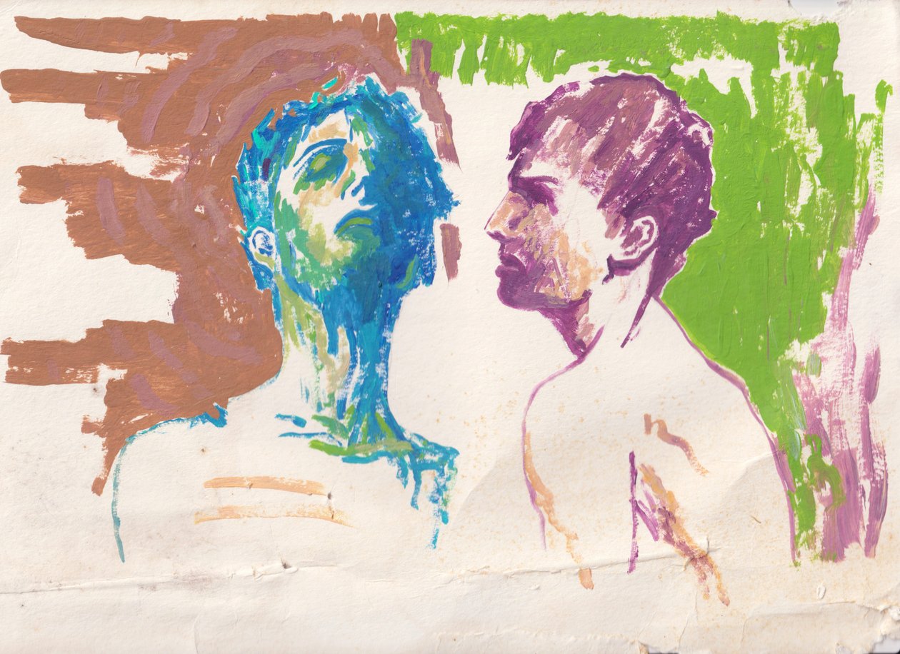 Zády k sobě, 2025 (akryl na akvarelovém papíře) od Laurie Michaels