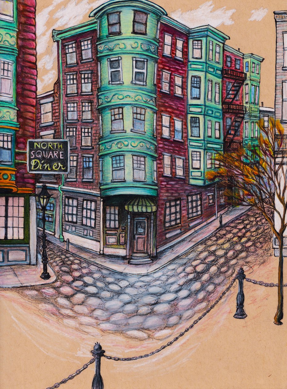 North Square Diner, 2025 (barevná tužka a tuš na tónovaném papíře) od Laurie Michaels