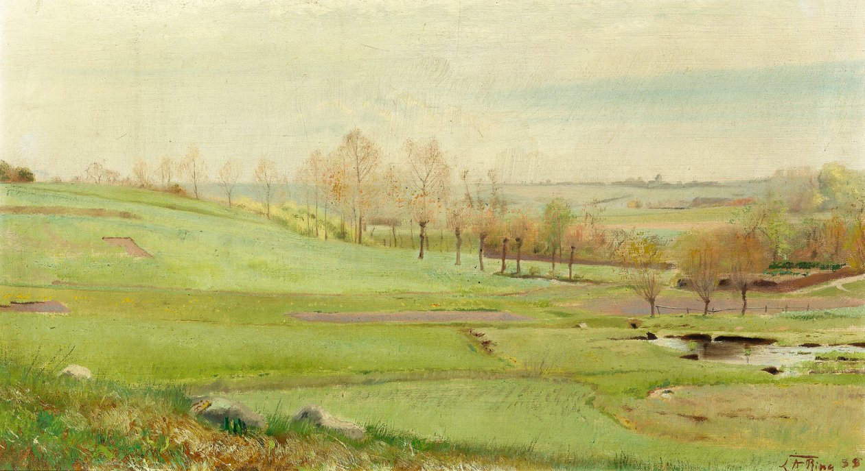 Jarní krajina se světle zelenými poli; et Vandhul do h. Mogenstrup od Laurits Andersen Ring