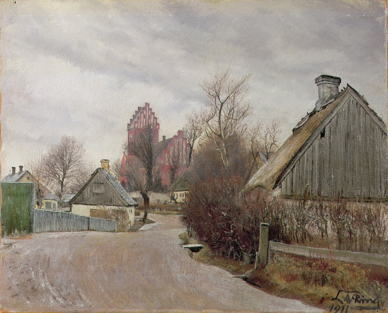 Gade i Hoje Taastrup (venkovská cesta s chatami a vysokým kostelem) 1911 od Laurits Andersen Ring