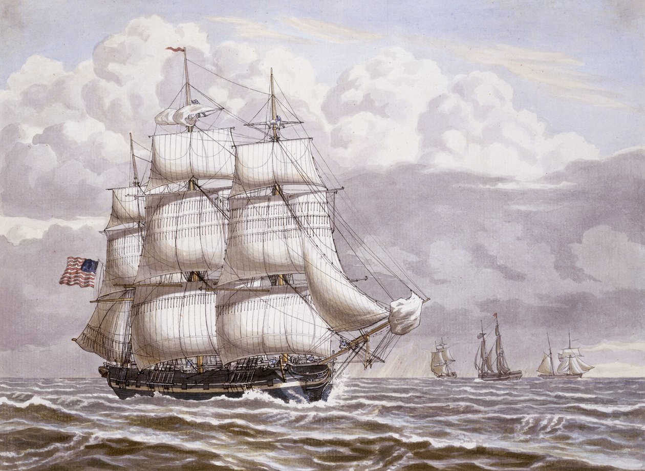 Americká fregata pod plachtami, s jinou lodní dopravou, 1832 od Lauritz Rasmus Lyngbye