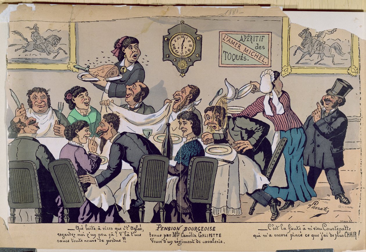 Středotřídní penzion, karikatura, 1881 (barevná rytina) od Lavrate