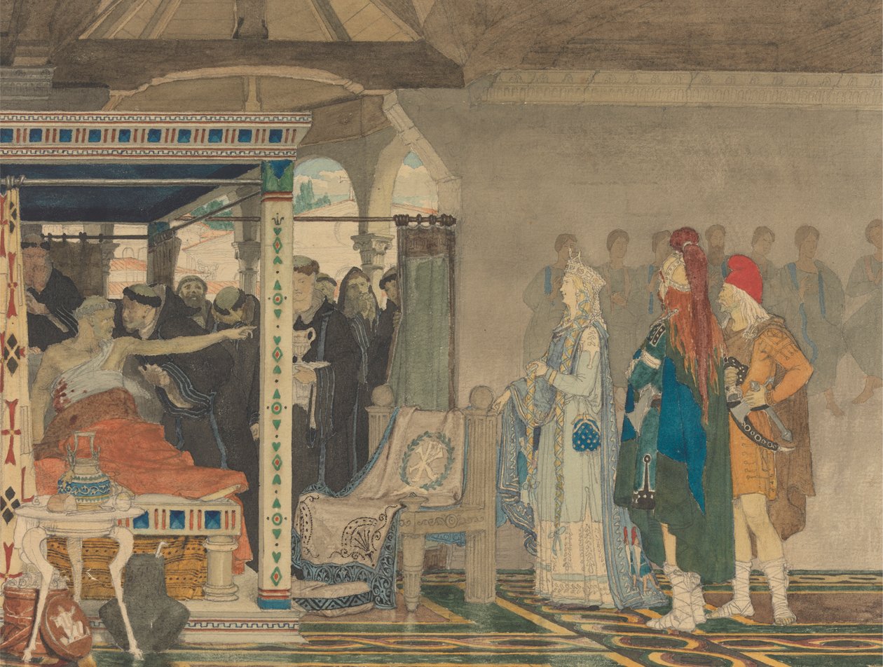 Fredegonda u smrtelné postele Praetextatus od Lawrence Alma Tadema