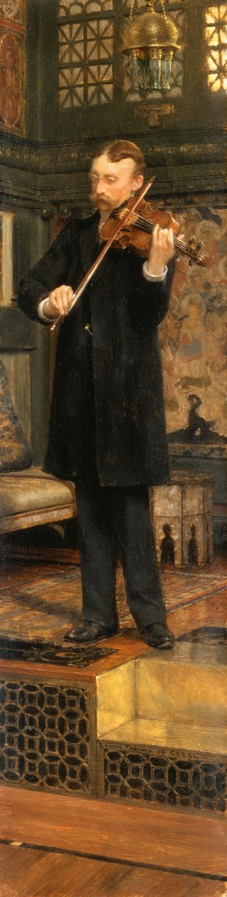 Portrét Maurice Sons hrajícího na housle v Alma-Tademově studiu od Lawrence Alma Tadema