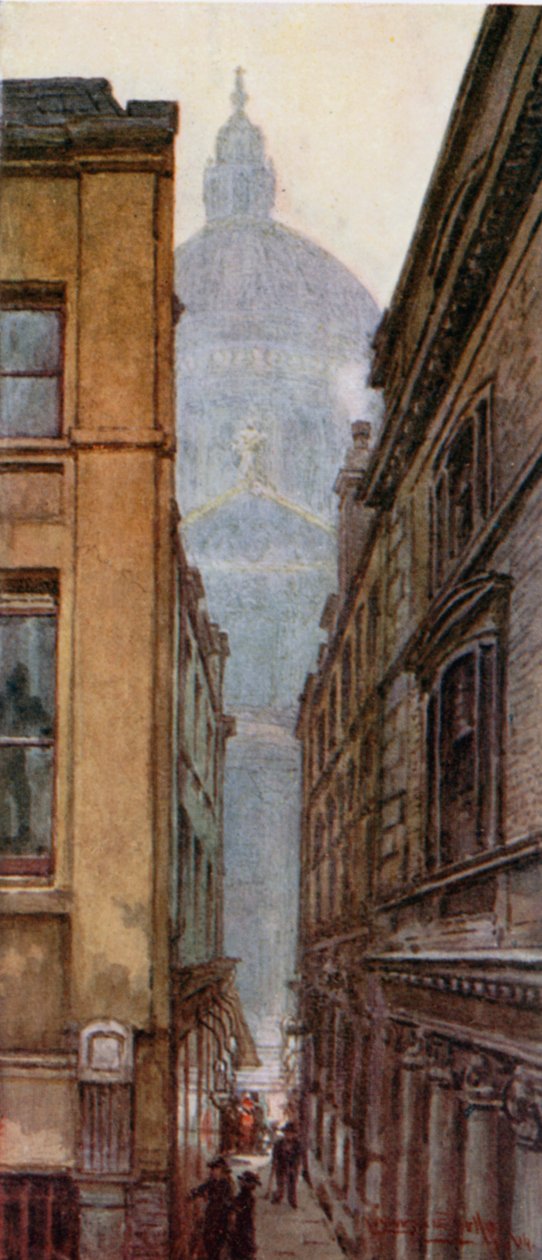 Dóm (severní transept) z Paternoster Row (barevná litografie) od Lawrence Deller
