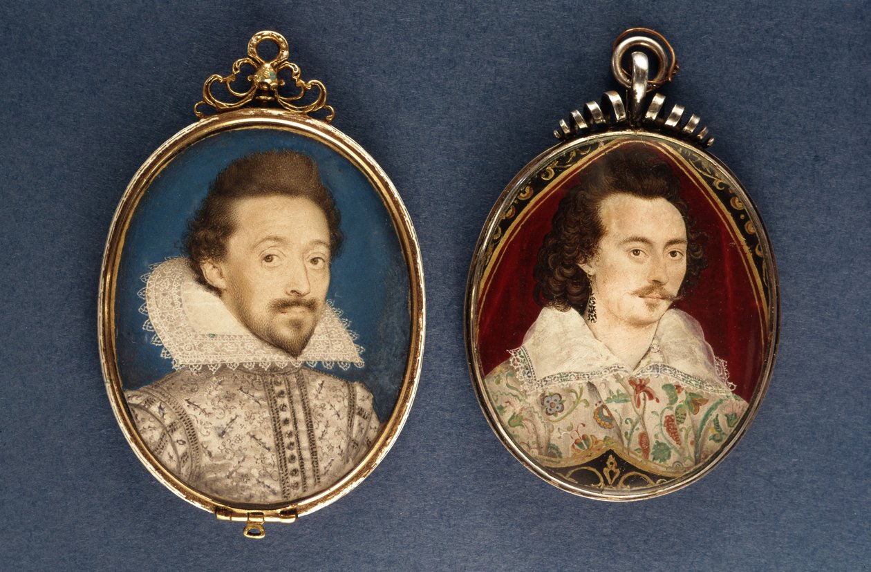 Vlevo: Portrét mladého muže od Lawrence Hilliarda, asi 1620. Vpravo: Nicholas Hilliard (1547-1619), kolem roku 1585. od Lawrence Hilliard