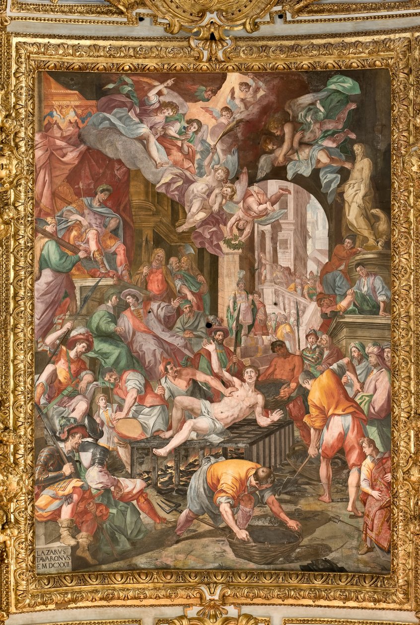 Janov, Duomo (katedrála svatého Vavřince), uvnitř, klenba presbiteria: „Mučednictví svatého Vavřince“ od Lazzaro Tavarone