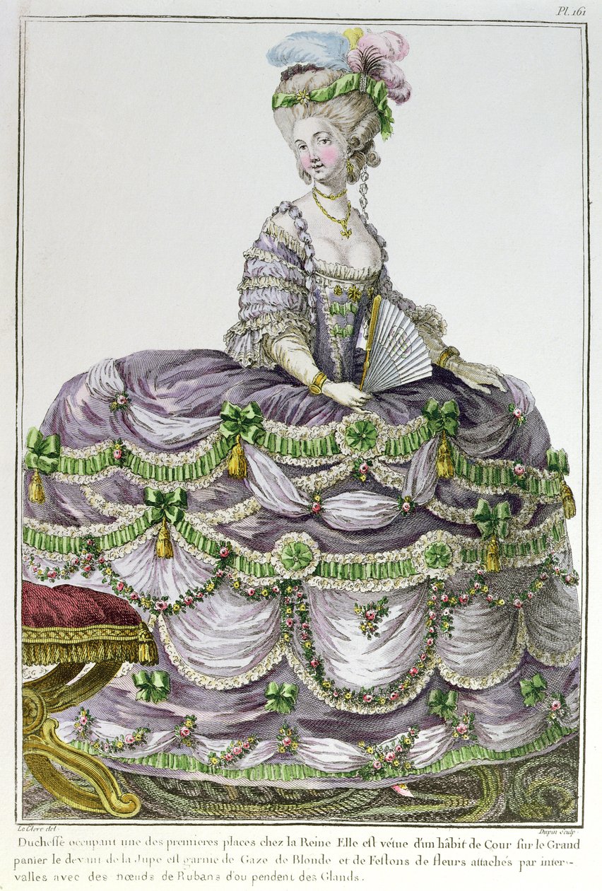 Vévodkyně na dvoře Ludvíka XVI. v šatech s košilemi, registrační číslo 161 z „Galerie des Modes et Costumes“, vyryté Dupinem, kolem 1778-87 od Le Clere