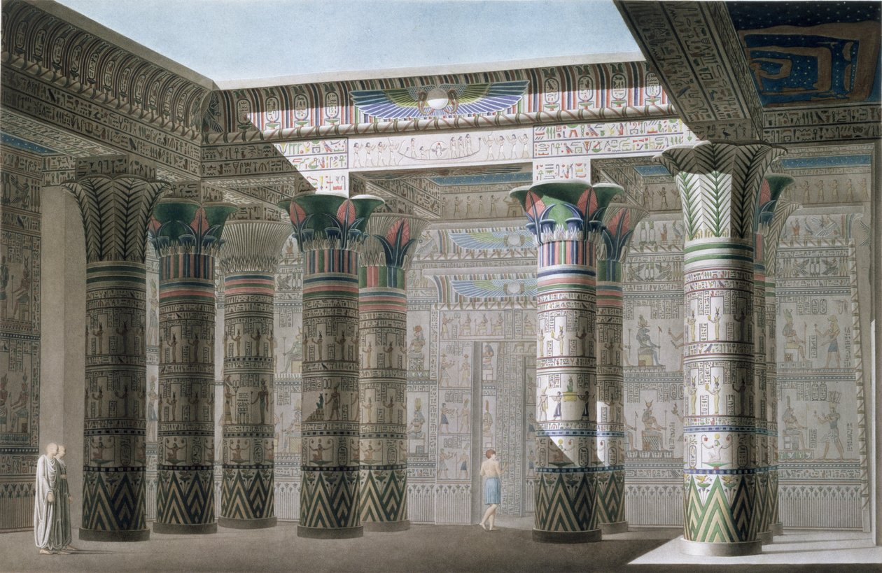 Perspektivní pohled na interiér z portika Velkého chrámu na ostrově Philae, deska 18, z I. dílu „Popisů Egypta“, vyryl Antoine Phelippeaux (nar. 1767) 1822 (akvatinta) od Le Pere