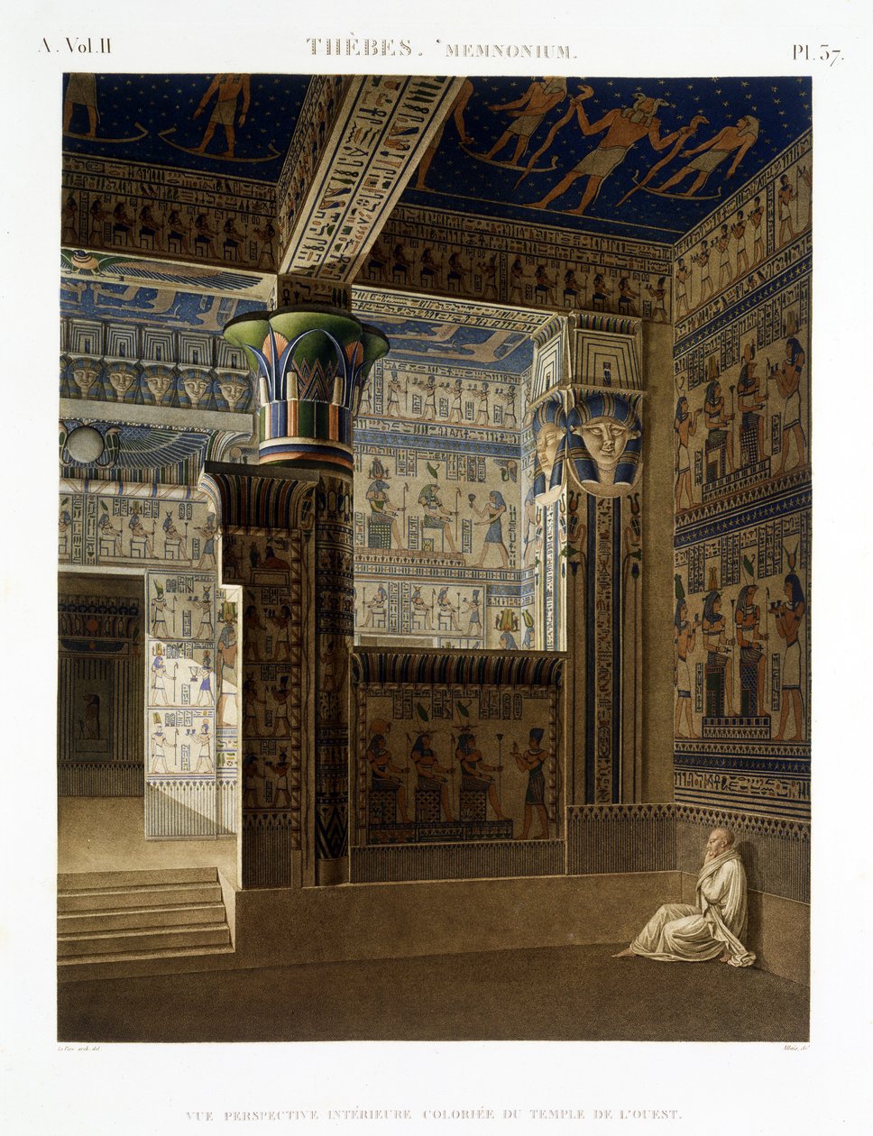 Vnitřní pohled na Západní chrám Memnonia, Théby, deska 37 ze svazku II „Popisy Egypta“, vyrytý Allaisem, 1822 (akvatinta) od Le Pere