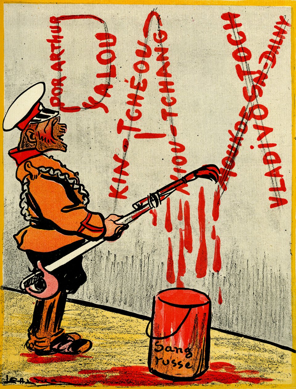 Ruský car maluje slovo Pax nebo mír, složené z názvů prohraných bitev pomocí ruské krve. 1904 (litho) od Leal de Camara