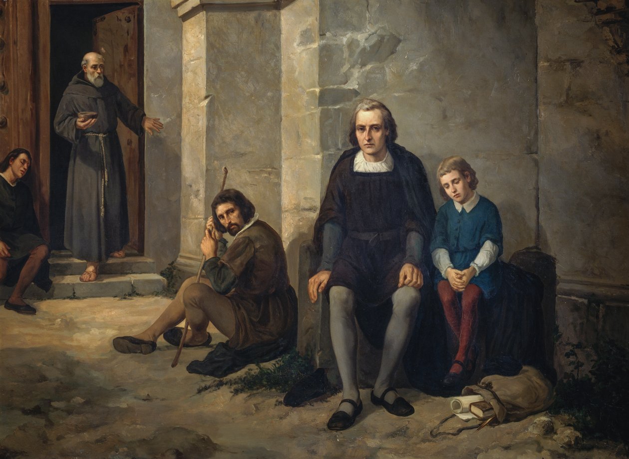 Kryštof Kolumbus se svým synem v klášteře Santa Maria de La Rabida, Španělsko od Leandro Izaguirre