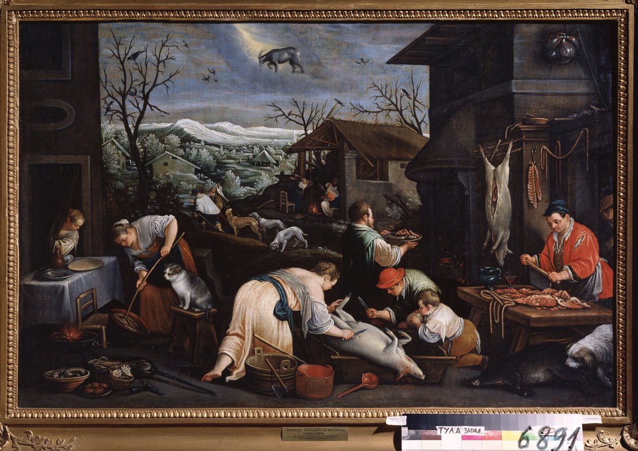 ""Měsíc prosinec"" (prosinec) Prasata jsou poražena. Symbol znamení Kozoroha na obloze. Obraz Leandra Bassano da Ponte (1557-1622) 1595-1600 Státní muzeum umění Tula Rusko od Leandro da Ponte Bassano