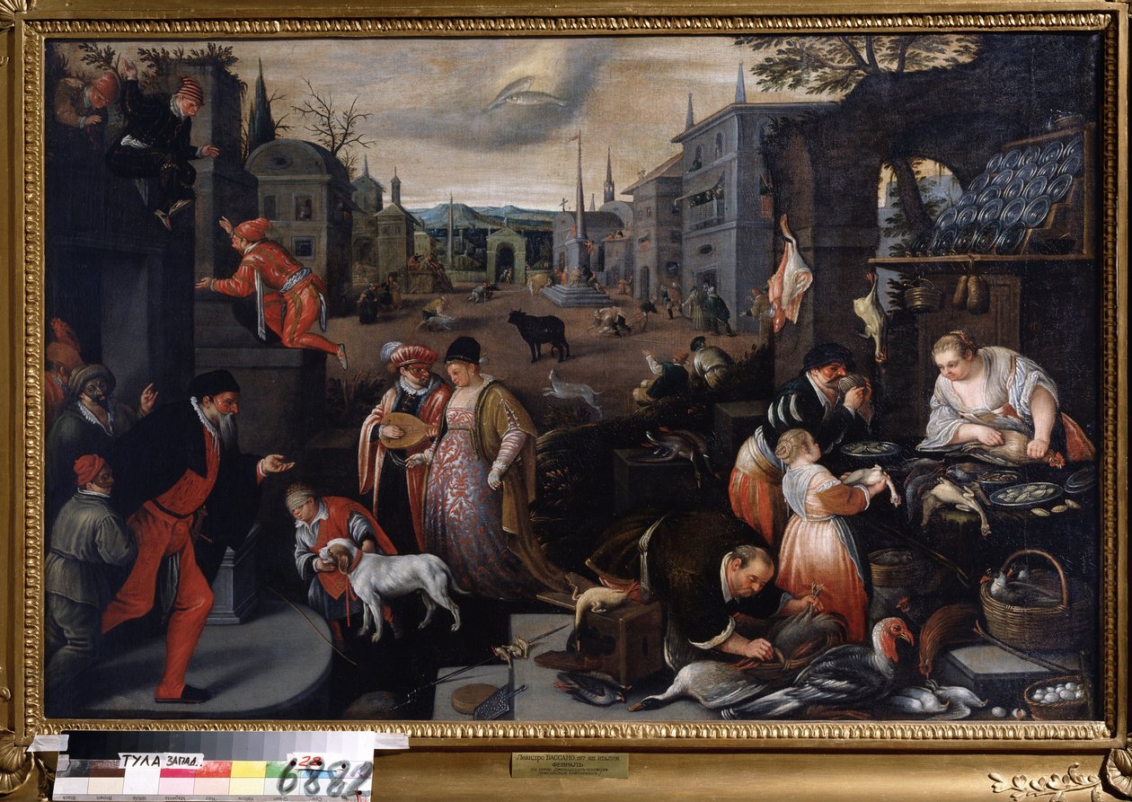"Le mois de fevrier"" (únor) Pěší scéna v době karnevalu. Symbol znamení Ryb na obloze. Obraz Leandra Bassano da Ponte (1557-1622) 1595-1600 Rozměr 144x190 cm Státní muzeum umění Tula Rusko od Leandro da Ponte Bassano