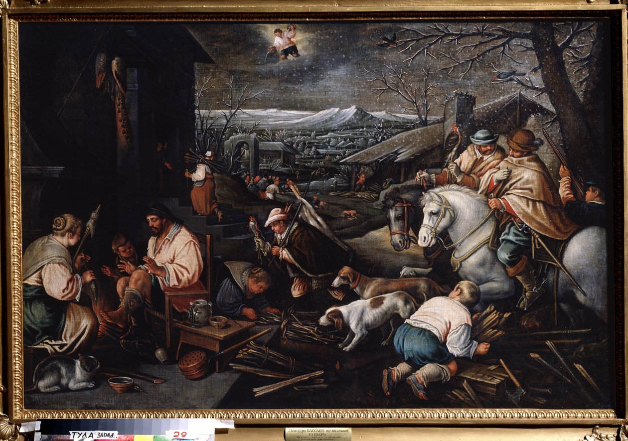 ""Měsíc leden"" (leden) Lovci, ženy spřádají vlnu. Symbol Vodnáře na obloze. Obraz od Leandra Bassano da Ponte (1557-1622) Rozměr 146 x 192 cm Státní muzeum umění Tula Rusko od Leandro da Ponte Bassano