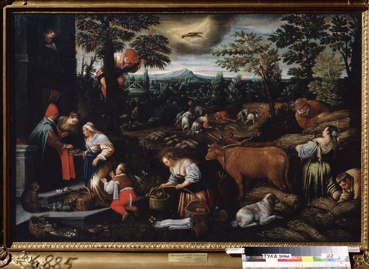 ""Měsíc červen"" (červen) Práce na farmě, sběr třešní a sběr pšenice. Symbol znamení rakoviny na obloze. Obraz Leandra Bassano da Ponte (1557-1622) 1595-1600 Státní muzeum umění Tula Rusko od Leandro da Ponte Bassano